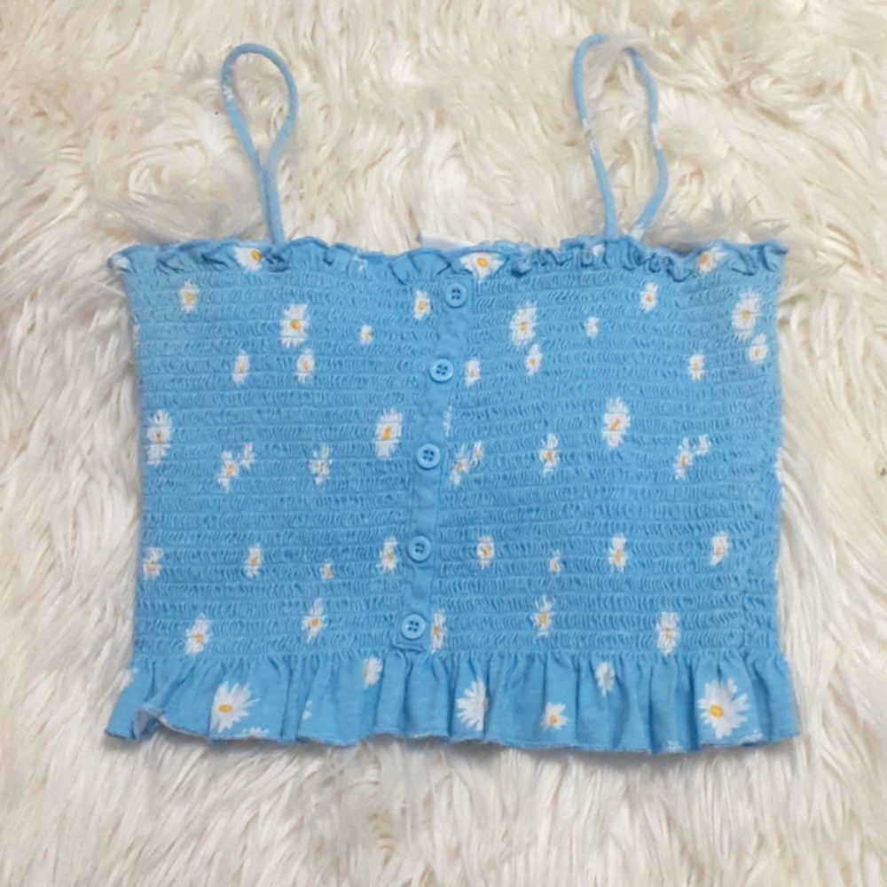 Pacsun/Me to We Blue Cropped Ruffle Crop Top with Daisies Size Medium